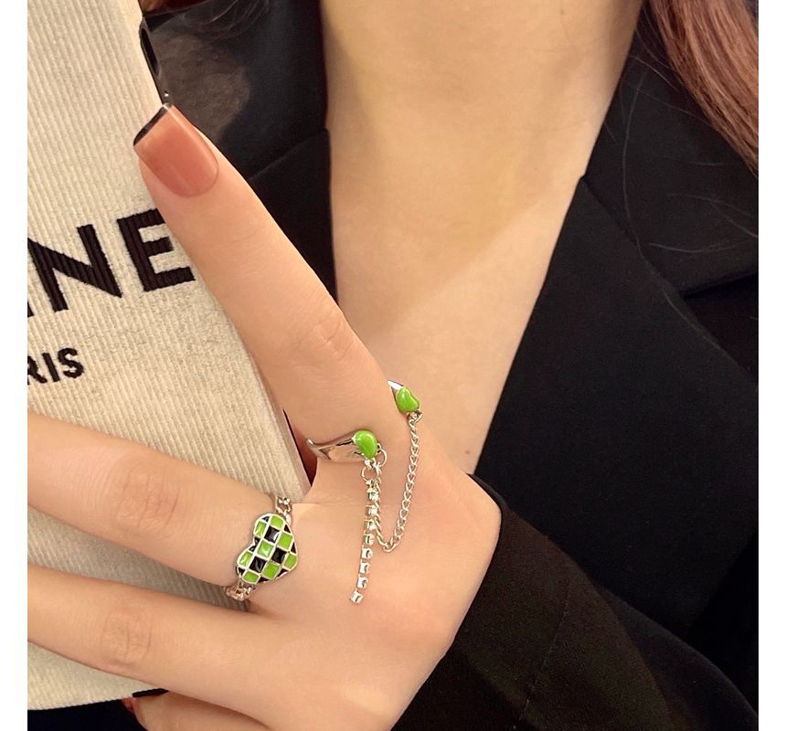 Heart Checker Chained Double Open Ring