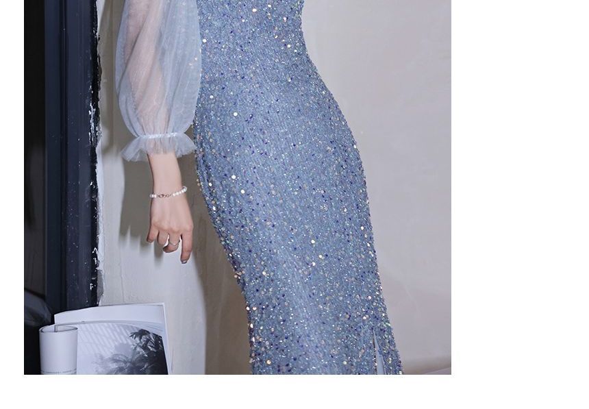 Cold-Shoulder Evening Sheath Sequin Gown