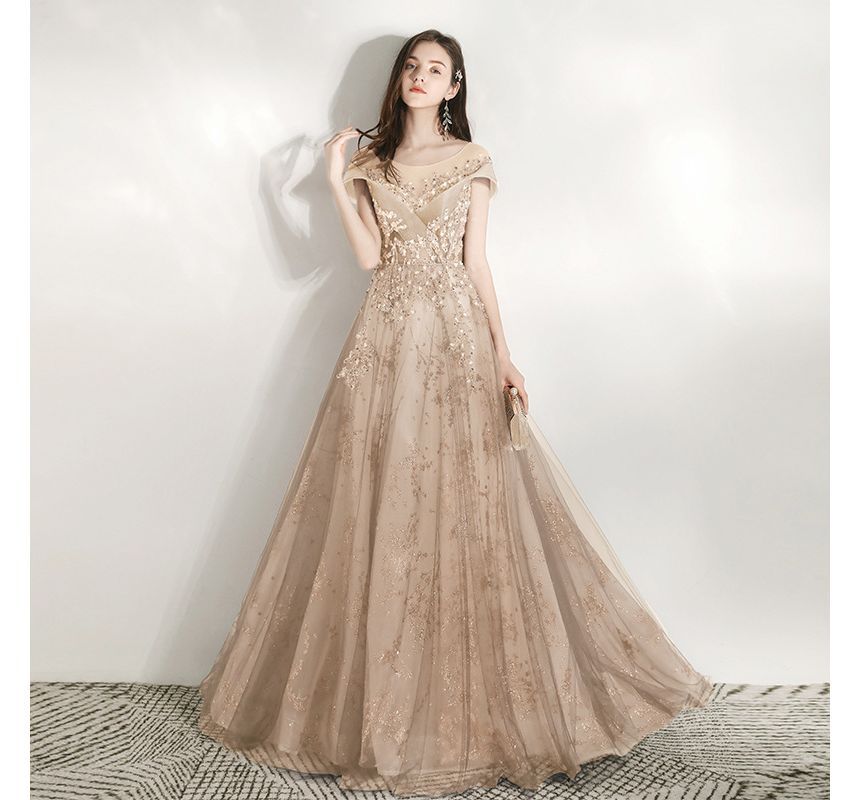 Gown Sequined Evening A-Line Short-Sleeve