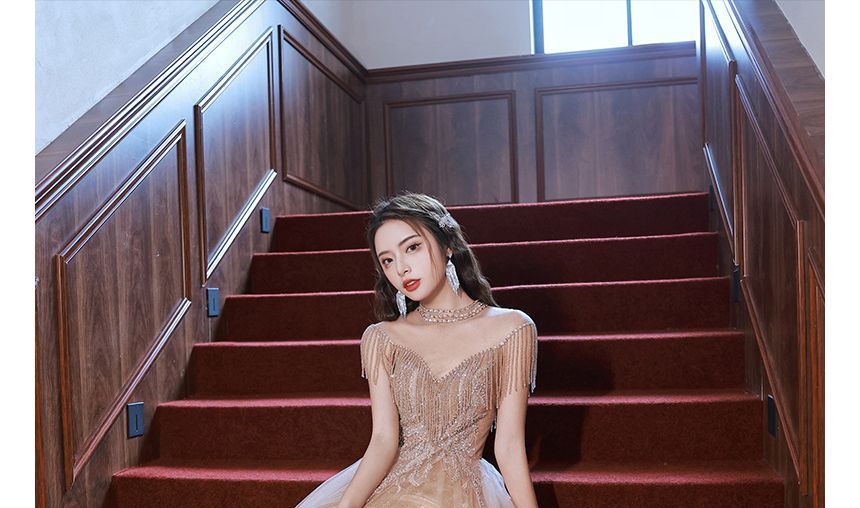 Sleeveless Fringed Sequin Mesh Cocktail Dress