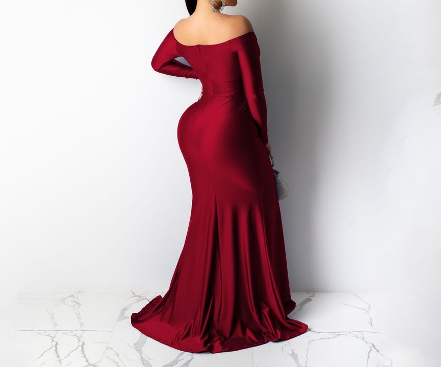 Mermaid Evening Slit Off Gown Long-Sleeve Shoulder