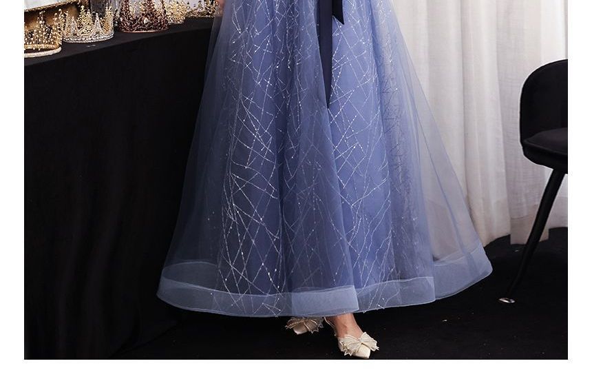 Evening Tie-Waist A-Line Gown Sleeveless Mesh