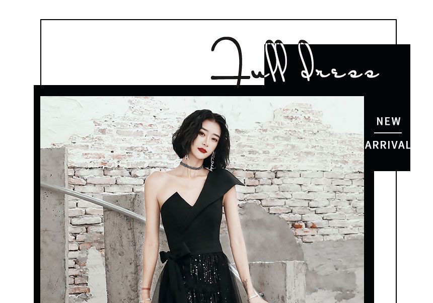 One-Shoulder Gown Evening Sequin Low Fringed High