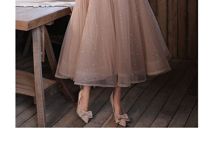 Sheer Panel Midi A-Line Cocktail Dress