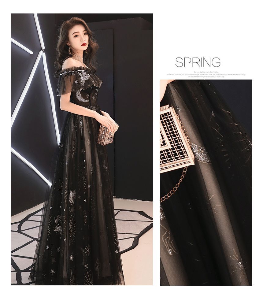 Star Print Off-Shoulder Gown Evening A-Line