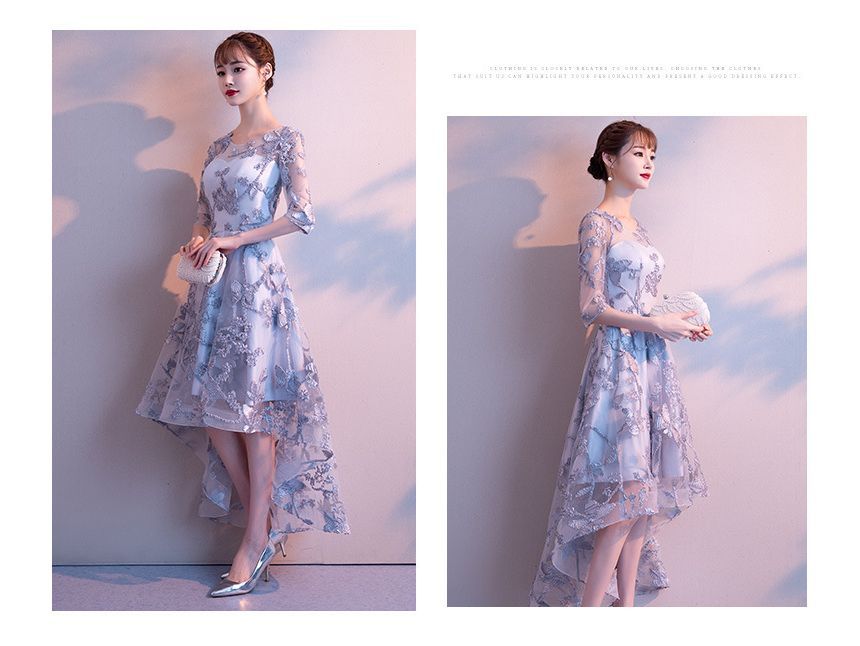 Elbow-Sleeve Floral Embroidered High Low Cocktail Dress