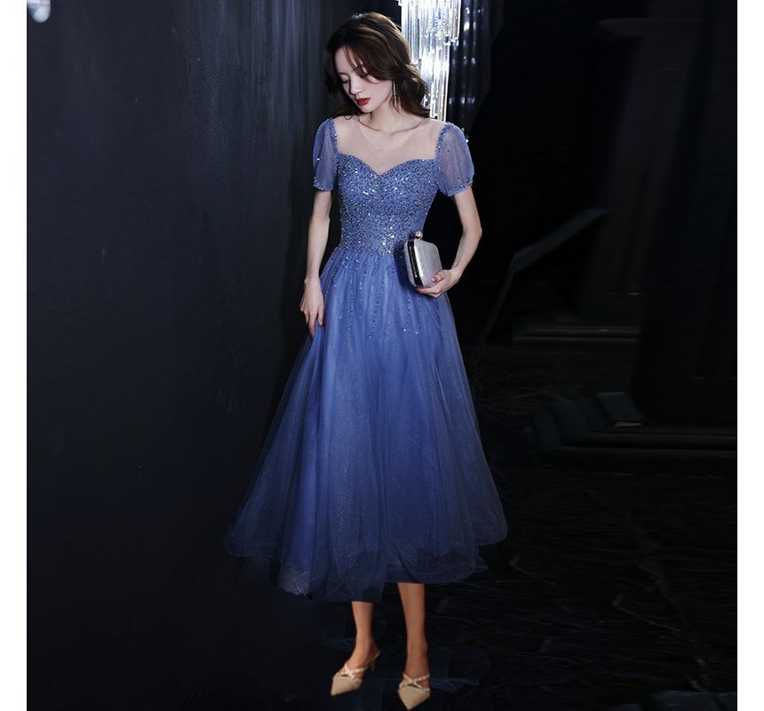 Sequin Mesh Gown Evening Cocktail / Round A-Line Dress Neck Short-Sleeve