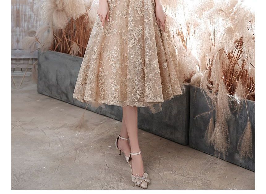 A-Line Embroidered Dress Cocktail Short-Sleeve Evening / Faux Flower Neck Mock Gown Pearl