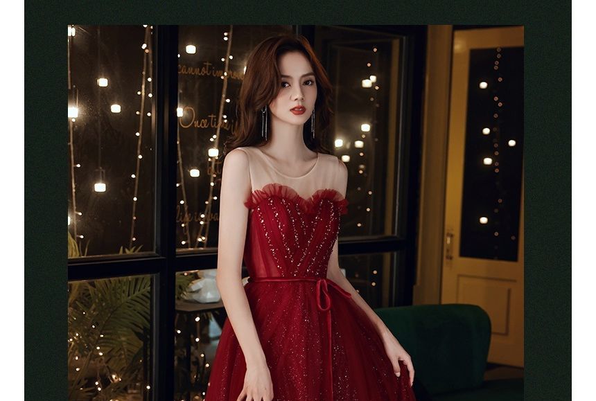 A-Line Neck Crew Gown Sleeveless Evening Mesh