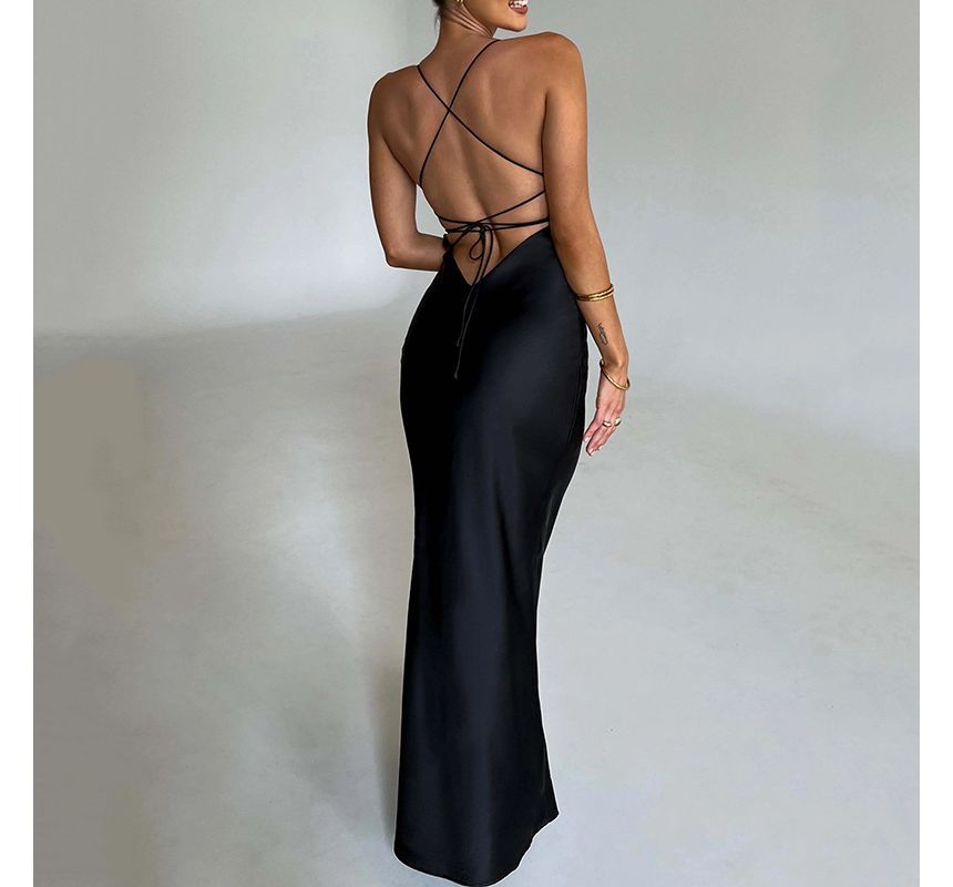 Spaghetti Strap V-Neck Plain Tie Back Satin Maxi Mermaid Evening Gown