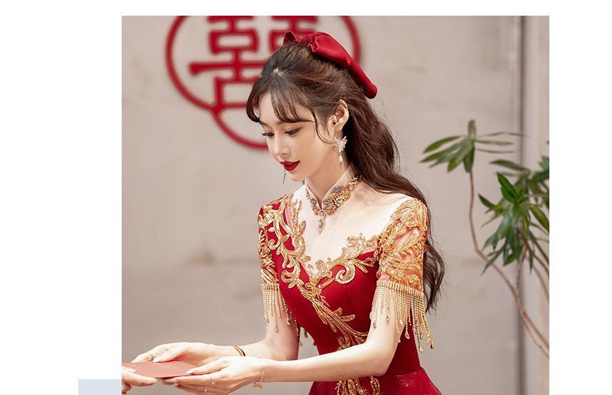 Midi Evening Fringed Sequin Short-Sleeve Dress / A-Line Gown