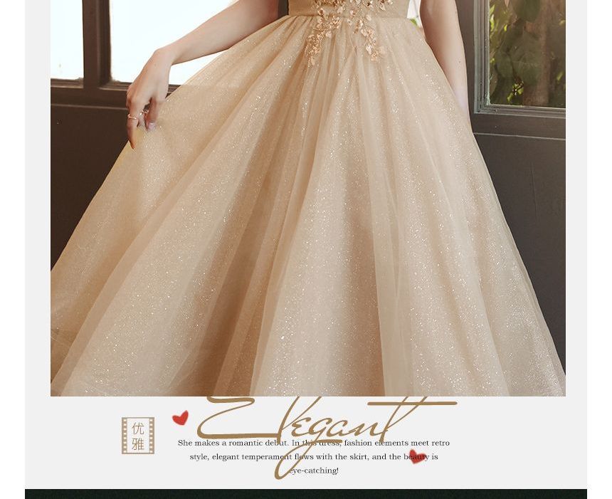 Short-Sleeve Square Neck Sequined Sheer Overlay A-Line Evening Dress (Various Designs)