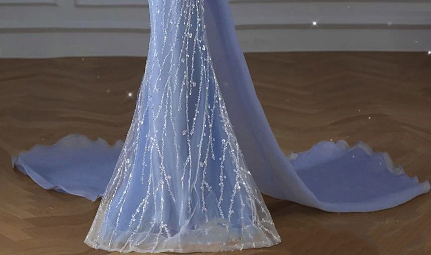 Short-Sleeve Off Shoulder Ribbon Back Sequined Trained Mermaid Evening Gown