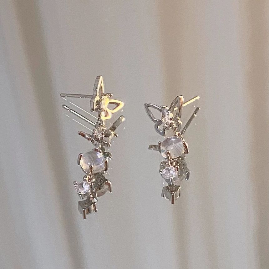 Asymmetrical Alloy Butterfly Moonstone Dangle Earring
