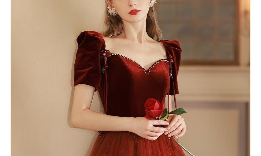 Short-Sleeve Mesh Panel A-Line Evening Gown