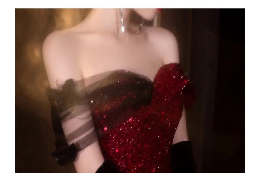 Off-Shoulder Sequin Slit A-Line Evening Gown