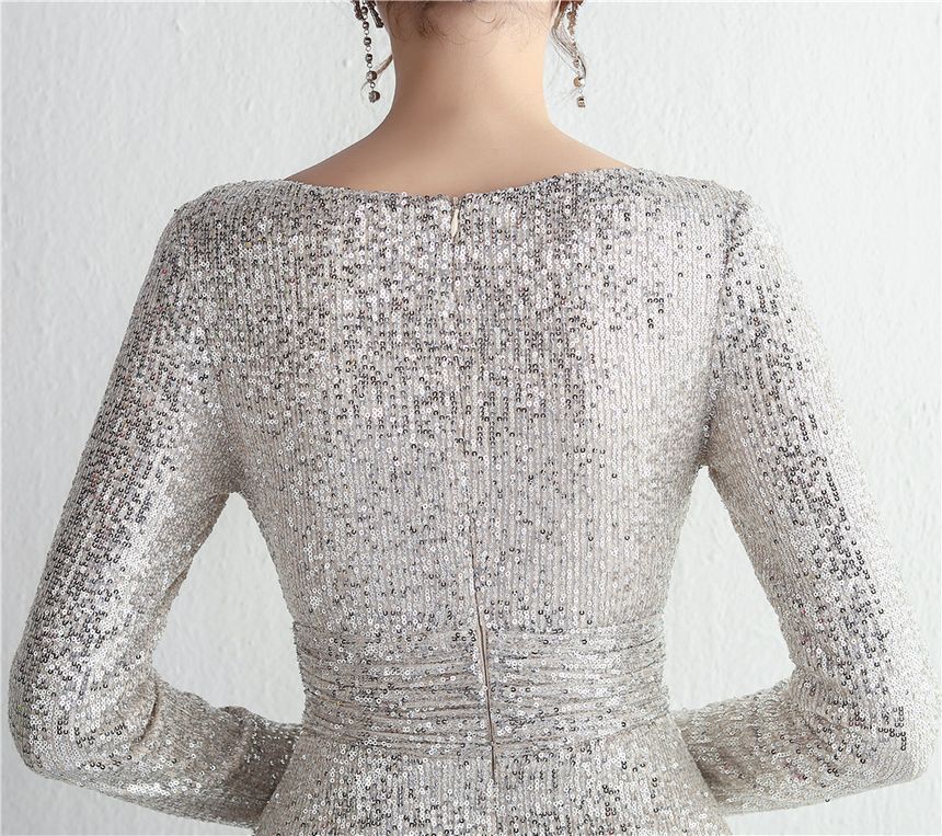 Mesh Panel Slit Gown Deep Evening Sequin Mermaid Plunge Long-Sleeve