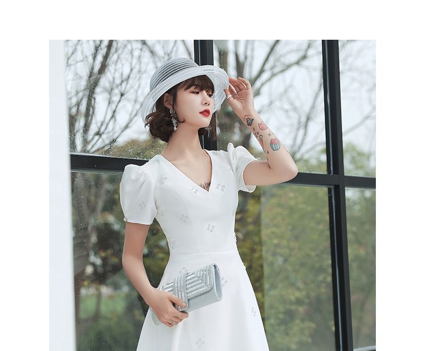 Short-Sleeve V-Neck Faux Pearl Midi A-Line Wedding Dress