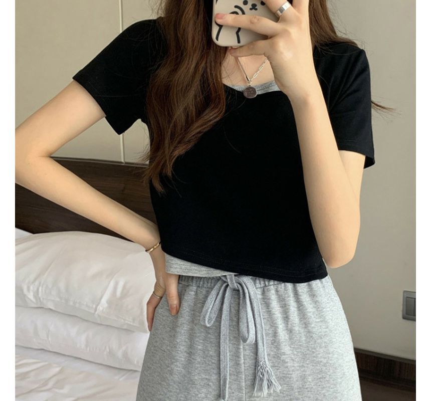 Short-Sleeve Scoop Neck Mock Two Piece Tee