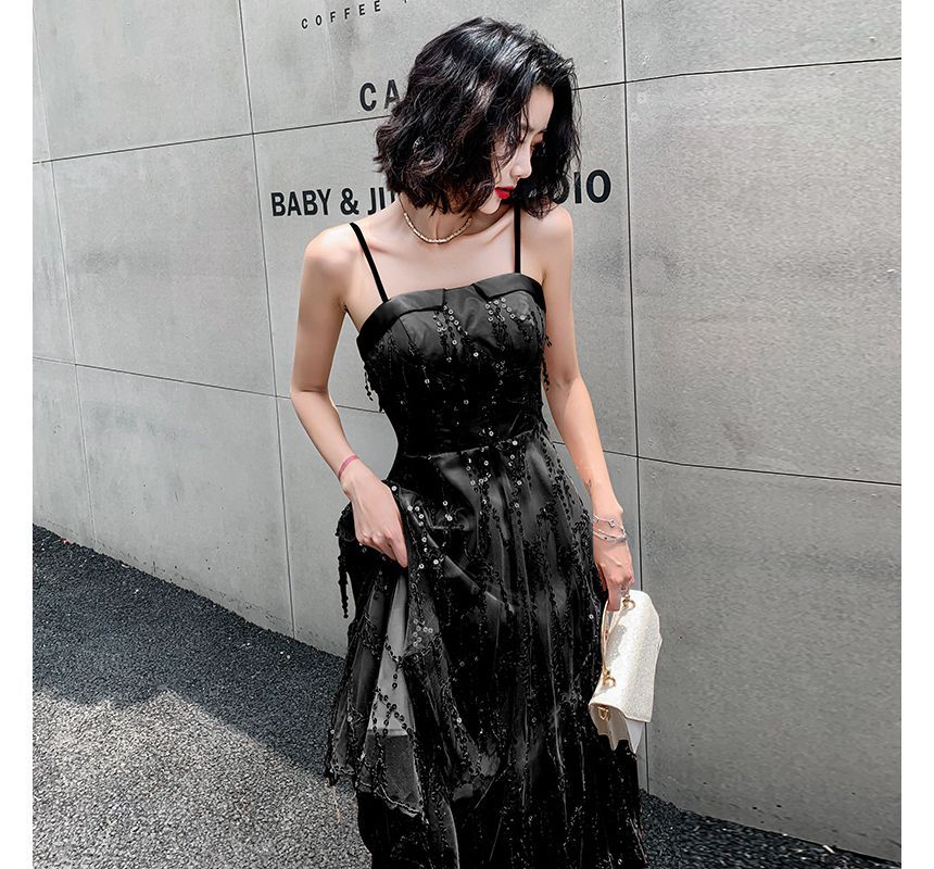 Spaghetti Strap Sequined Fringed A-Line Cocktail Dress