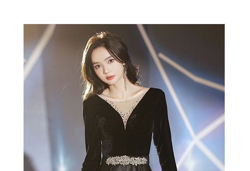 Long-Sleeve Rhinestone Velvet A-Line Evening Gown