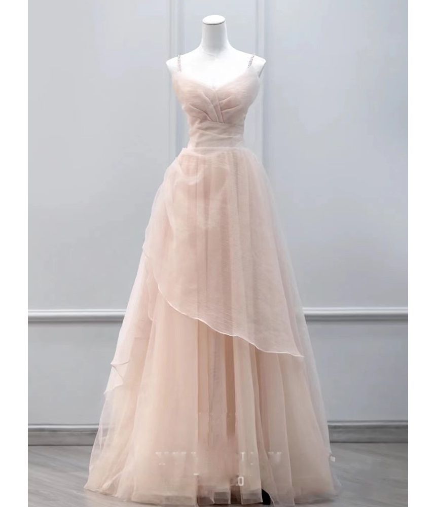 Spaghetti Strap Mesh A-Line Evening Gown