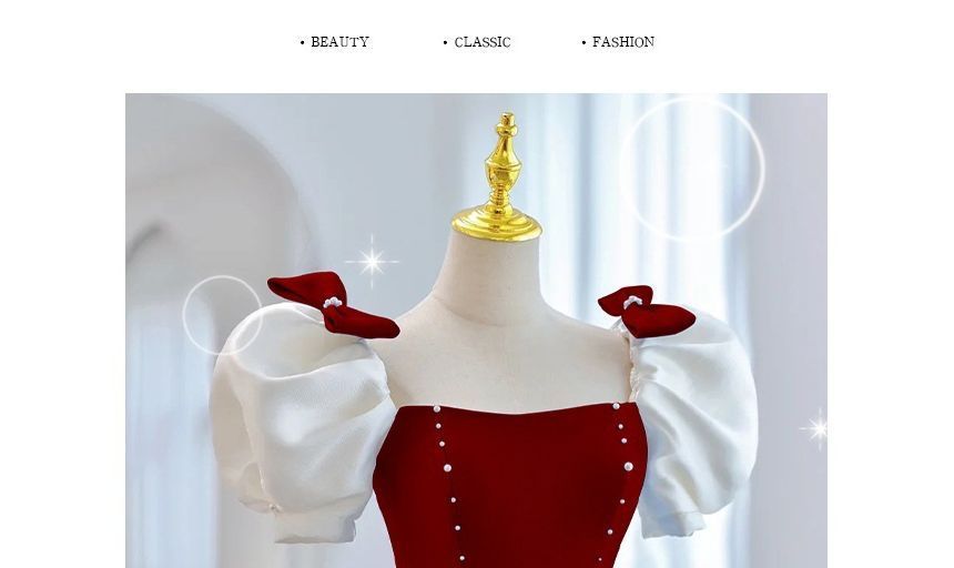 Puff-Sleeve Gown Tone Two A-Line Bow Evening