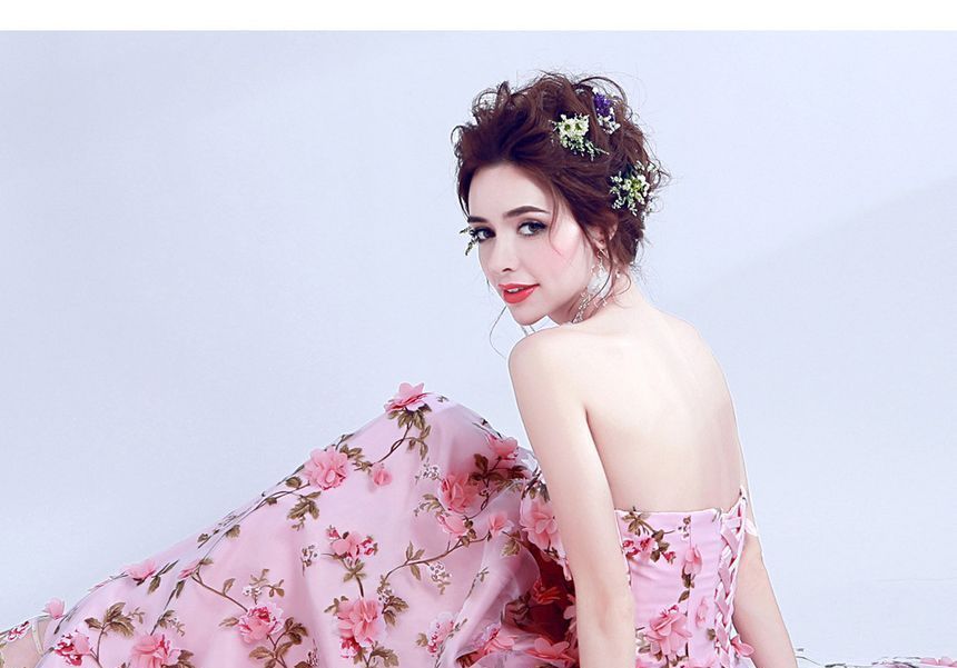 A-Line Strapless Gown Floral Evening Lace