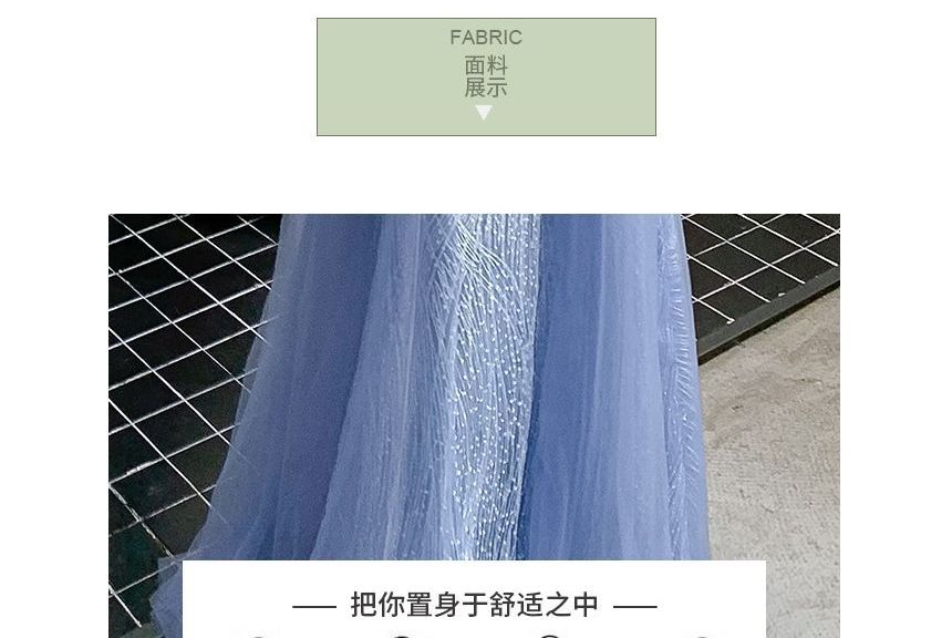 Flare-Sleeve V-Neck Mesh A-Line Evening Gown