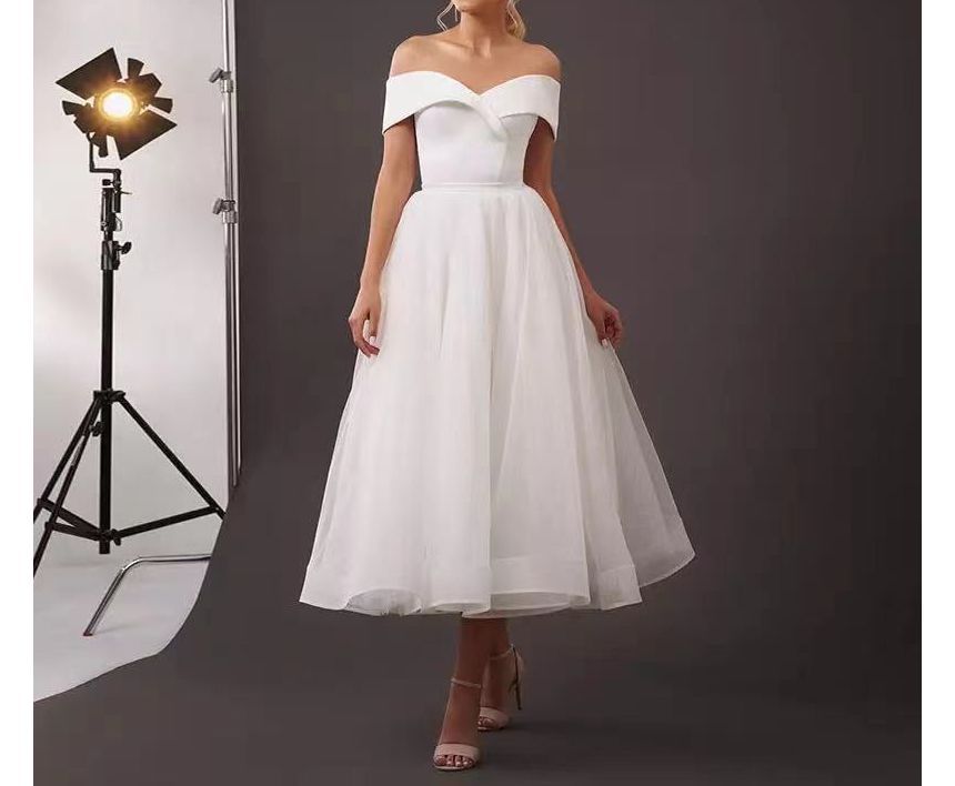 Off-Shoulder Plain Midi A-Line Wedding Dress
