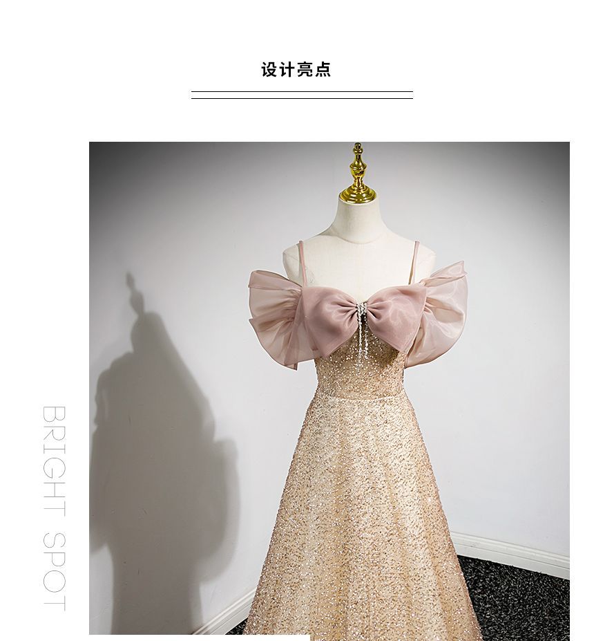 Cold-Shoulder Bow Glitter A-Line Evening Gown