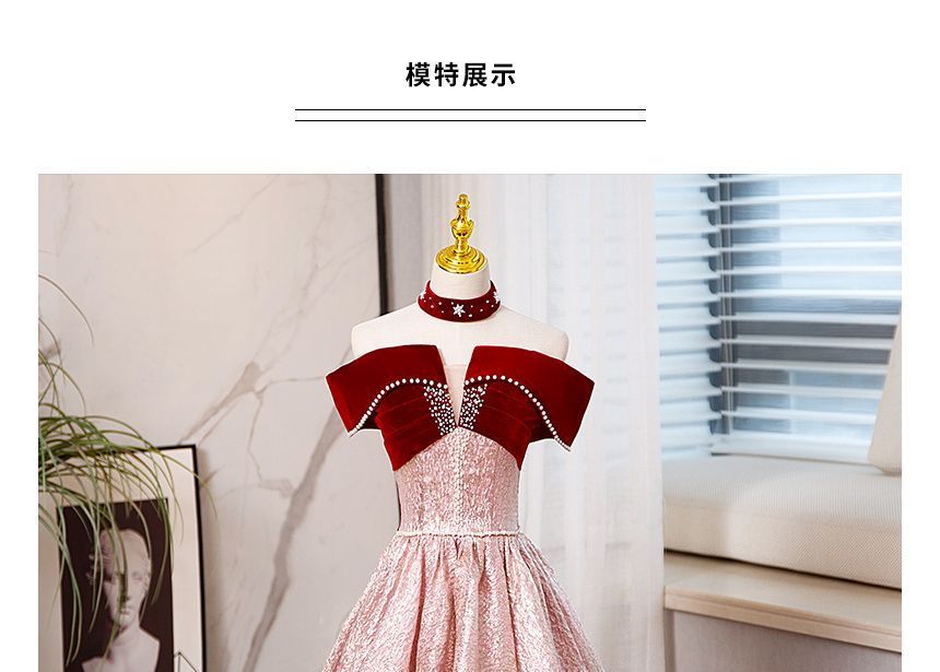 Off-Shoulder Two Tone Beaded A-Line Ball Gown