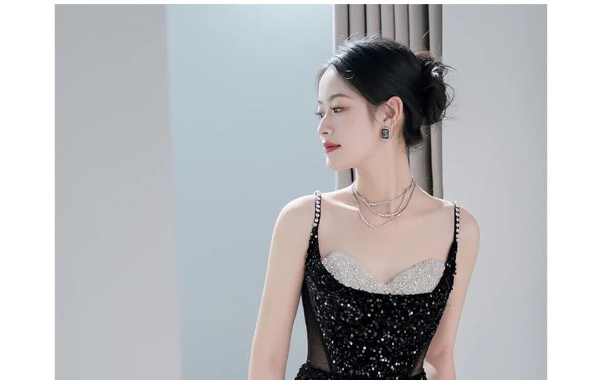 Evening Spaghetti Gown Faux Sequined Mermaid Panel Pearl Mesh Strap