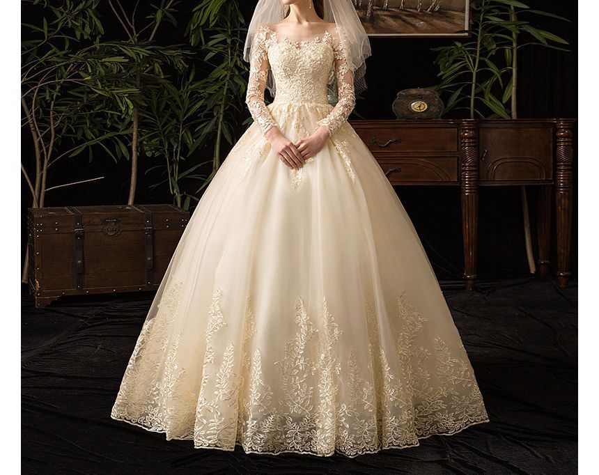 Long-Sleeve Boat Neck Wedding Ball Gown (Various Designs)