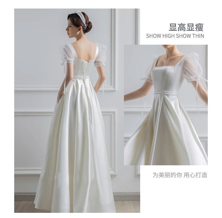 Puff-Sleeve Square Neck Plain A-Line Wedding Gown