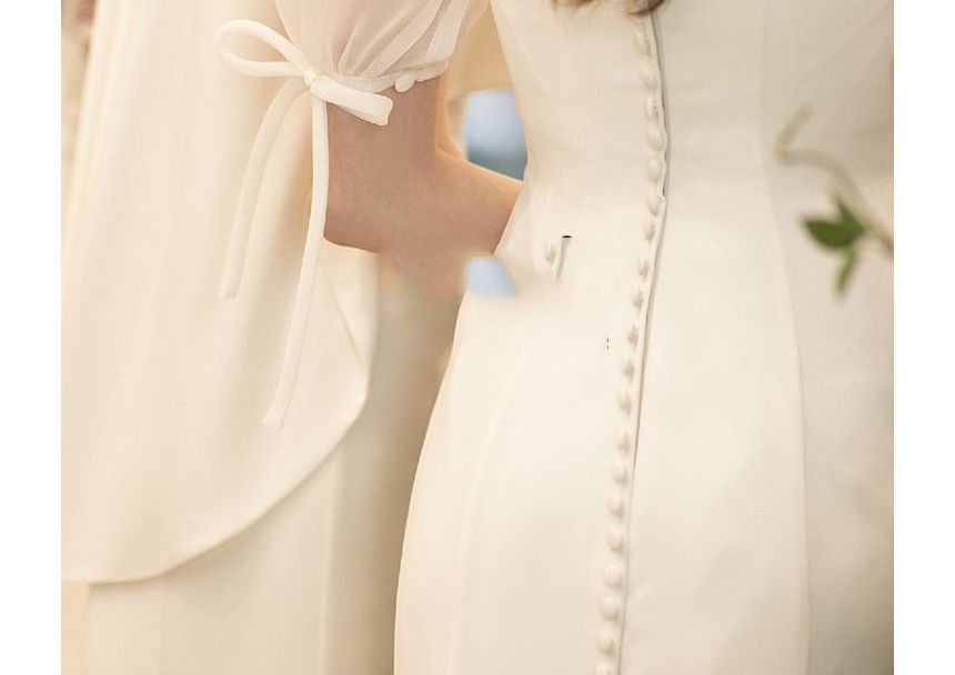 Puff-Sleeve Square Neck Plain Mermaid Wedding Gown