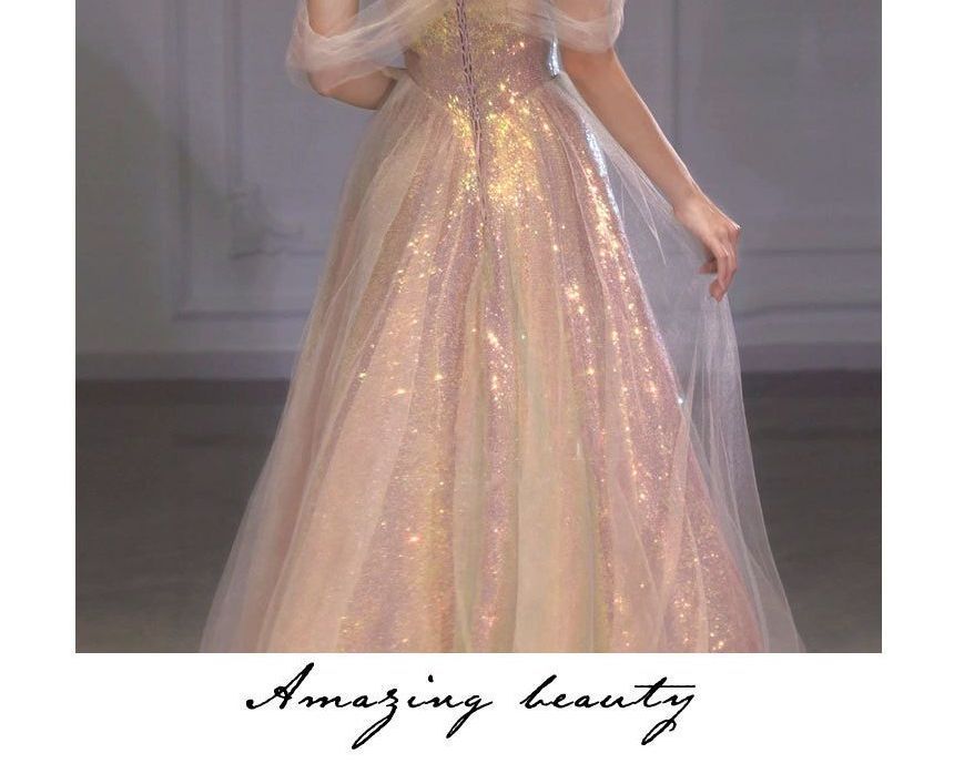 Short-Sleeve Off Shoulder Iridescent A-Line Evening Gown