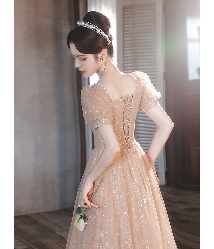 Square Trim Pearl Glitter Gown Mesh Neck Ruched Evening Faux A-Line Short-Sleeve