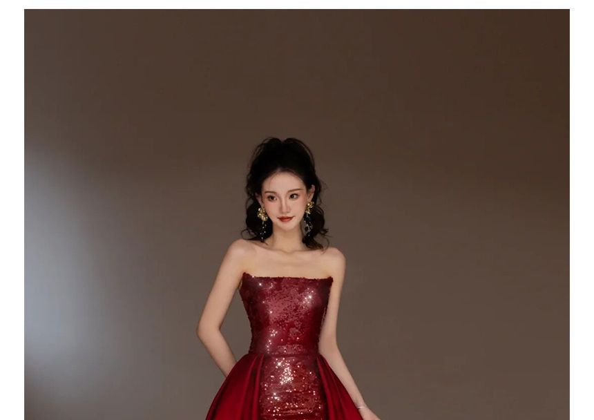 Sequined Strapless A-Line Paneled Gown Evening