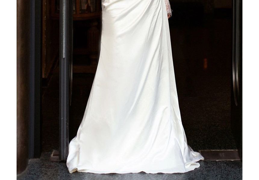 Off-Shoulder Long Lace-Sleeve A-Line Wedding Gown