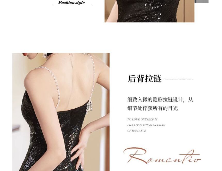 Spaghetti Strap V-Neck Sequin Mesh A-Line Evening Gown