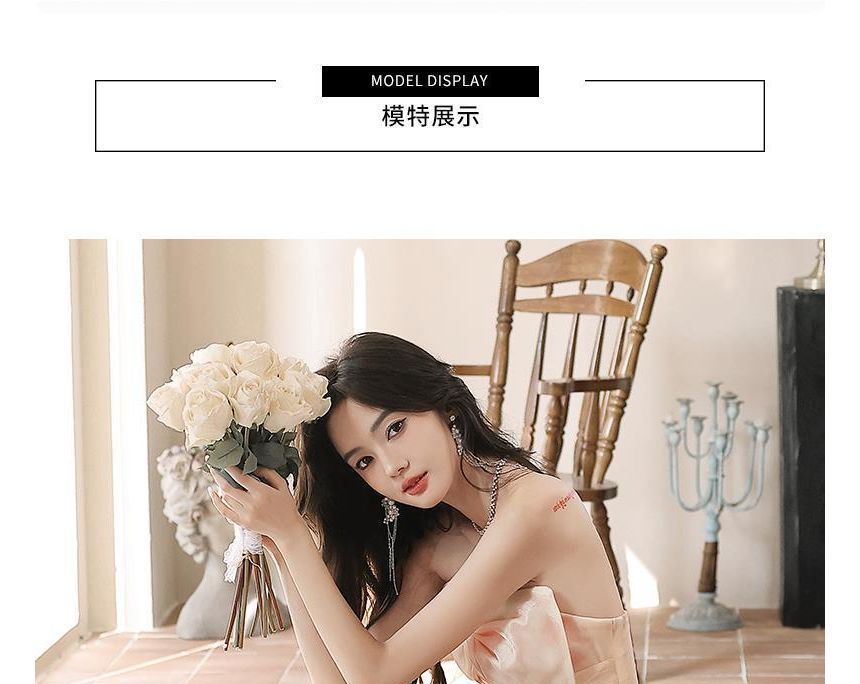 Strapless Floral Print Mesh A-Line Evening Gown
