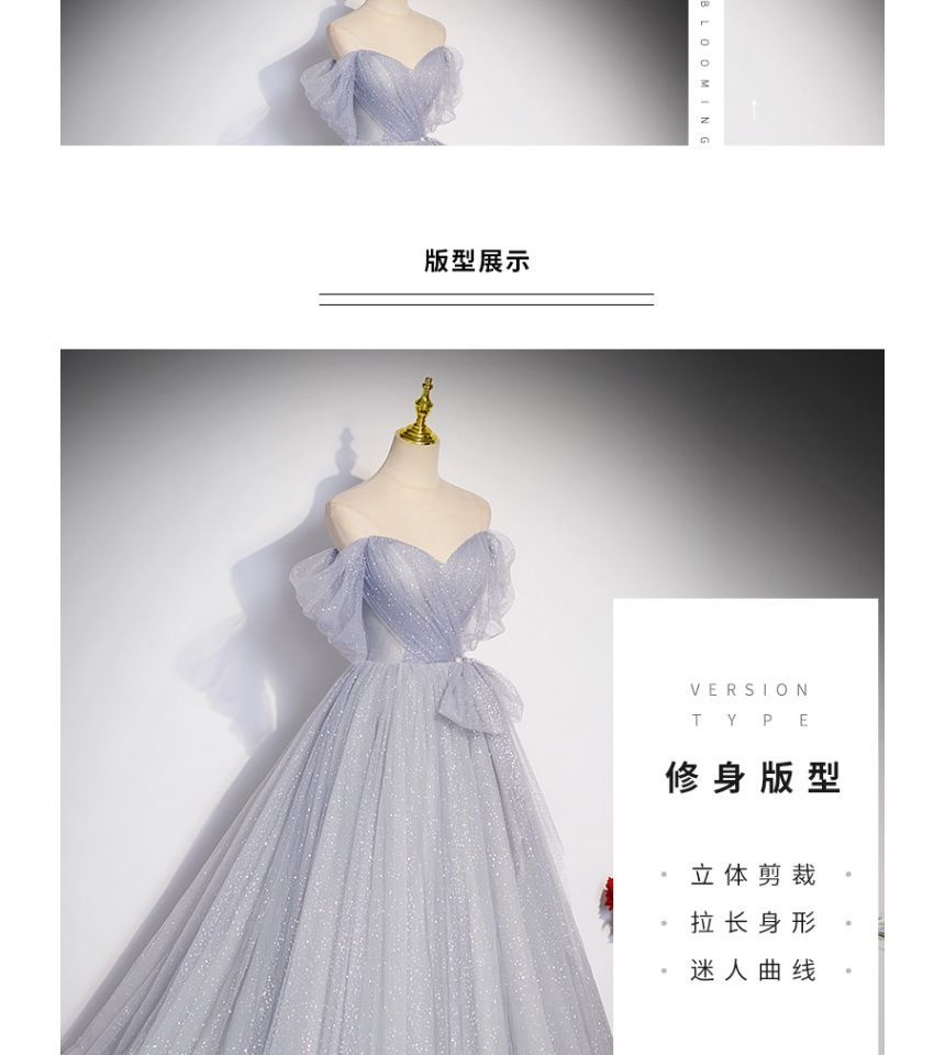 Mesh A-Line Evening Off Gown Shoulder Glitter Short-Sleeve Plain