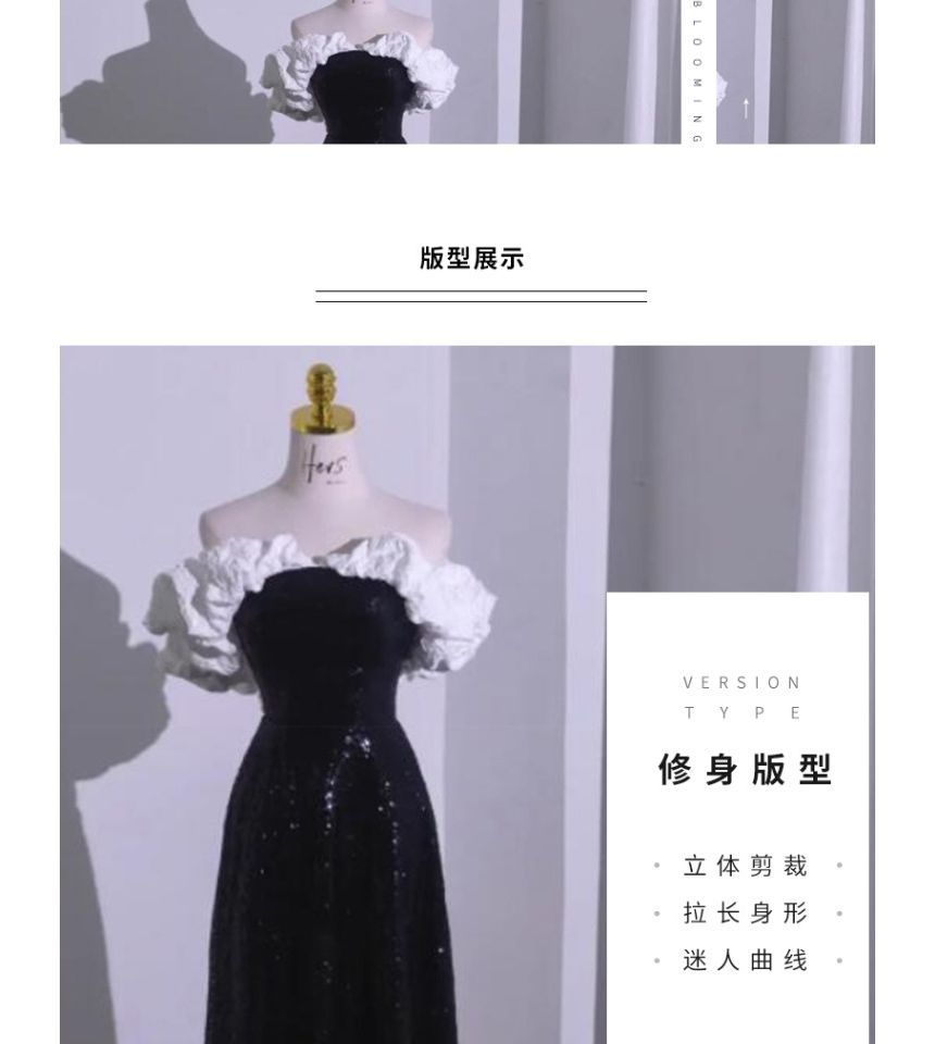 A-Line Shoulder Tube Tone Evening Ruffle Sequin Gown Off Two Short-Sleeve Bow