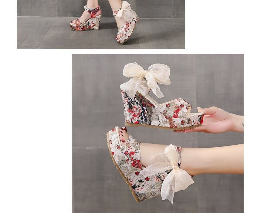 Wedge Floral Bow Platform Heel Sandals