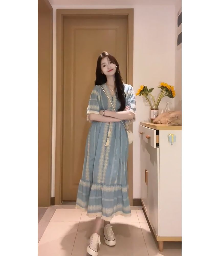 Elbow-Sleeve V-Neck Embroidered Tassel Panel Midi A-Line Dress