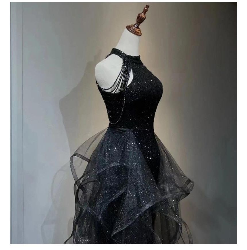 Mesh Panel Sleeveless Gown Glitter Evening Plain Ruffle A-Line Crew Neck Beaded