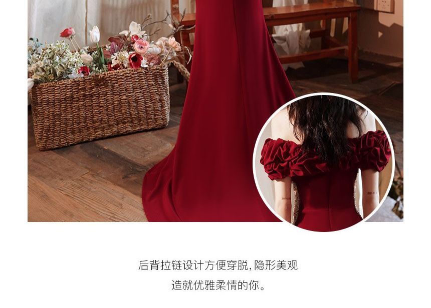 Short-Sleeve Off Shoulder Plain Beaded Ruched Panel Mesh Mermaid Evening Gown