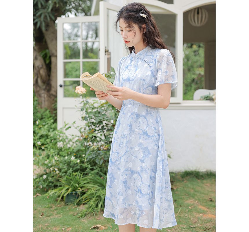 Short-Sleeve Band Collar Floral Print Midi A-Line Dress