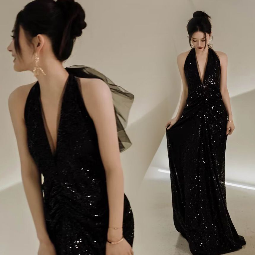 Halter Neck Sequin Open Back Mermaid Evening Gown